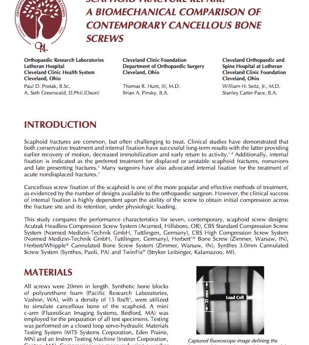 Scaphoid Fracture Repair: A Biomechanical Comparison of Contemporary Cancellous Bone Screws